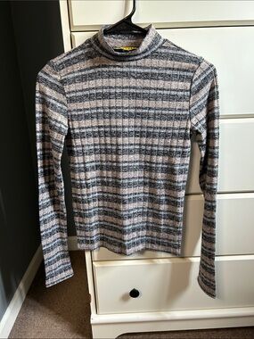 Striped Mock Neck Tee- Gray & Tan